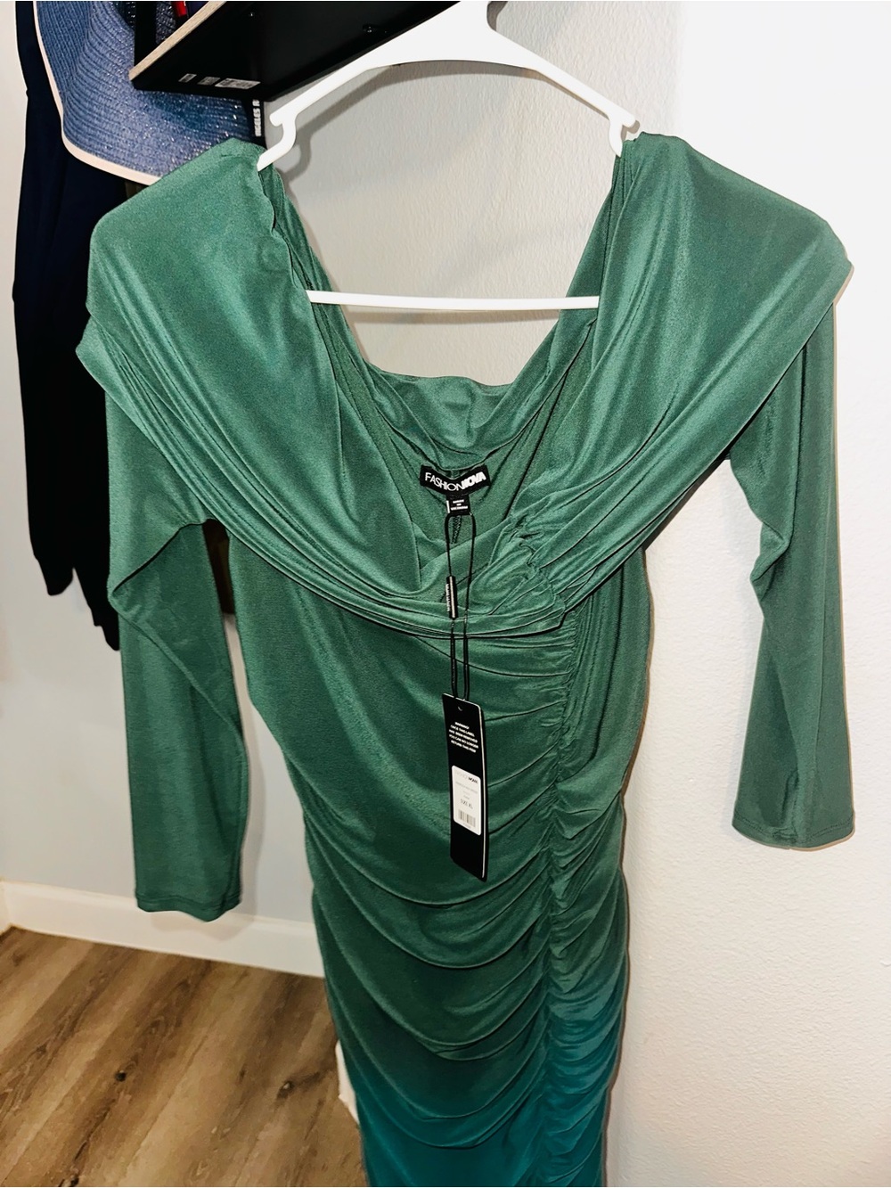 Fashion Nova Emerald Ruched Off-Shoulder Midi Dress